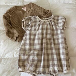 Cat & Jack Knit Cardigan & Bebe Holic Beige Gingham Baby One-Piece Romper
